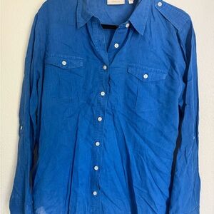 Linen blend Chicos Bright Blue Button-Up Shirt light weight size 2 (12)